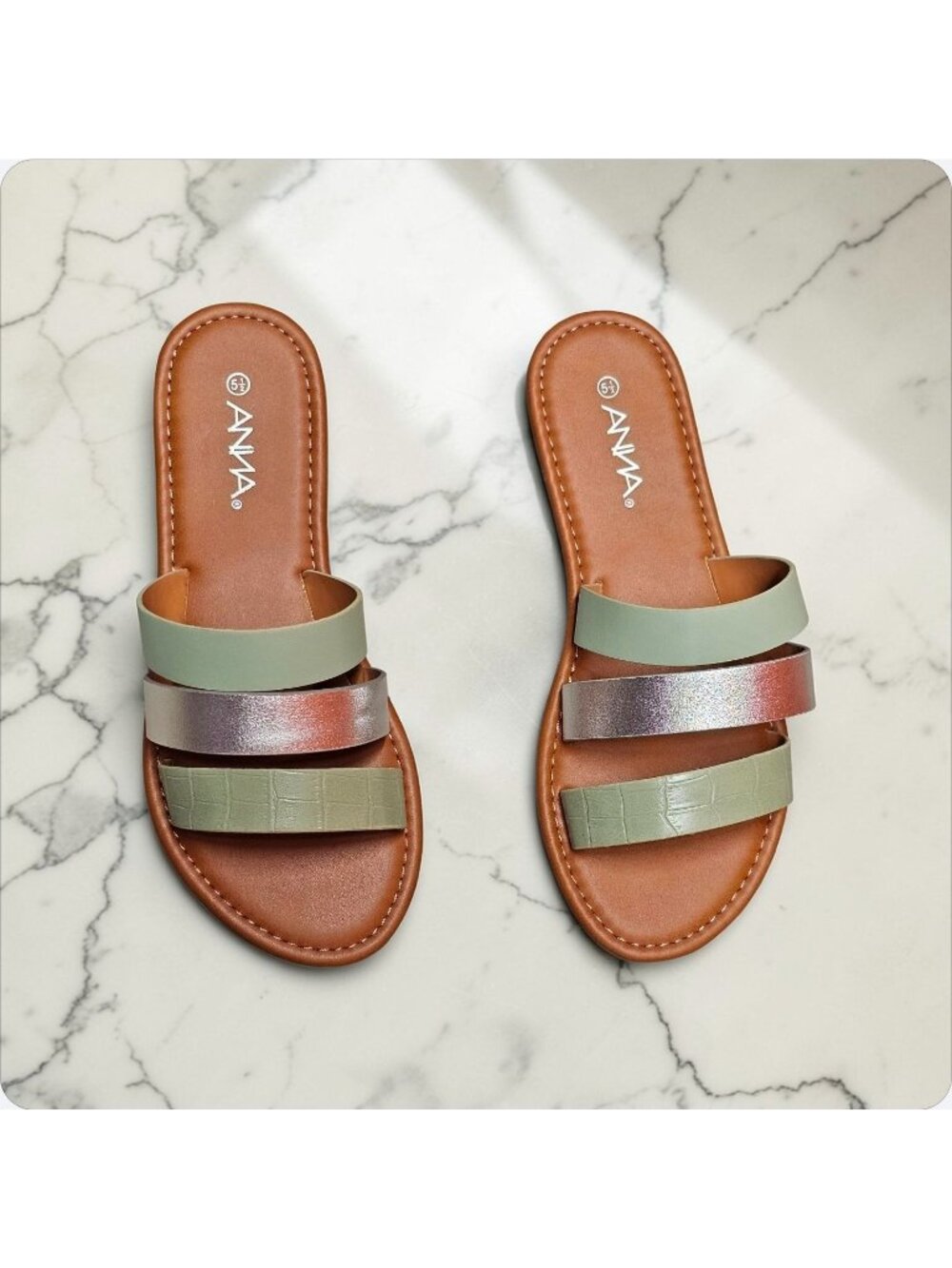 Womens Triple Strap Slide Sandals With Metallic & Green Color - Picture 2 of 9